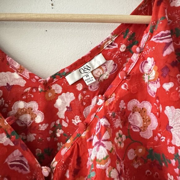 Q&A Women’s‎ 100% Cotton Red Floral Ruffle Short Sleeve Top Button V-Neck Blouse - Picture 6 of 13
